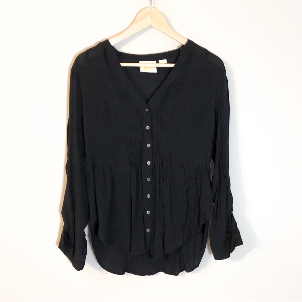 Anthropologie Black Button-Down V-Neck Blouse
